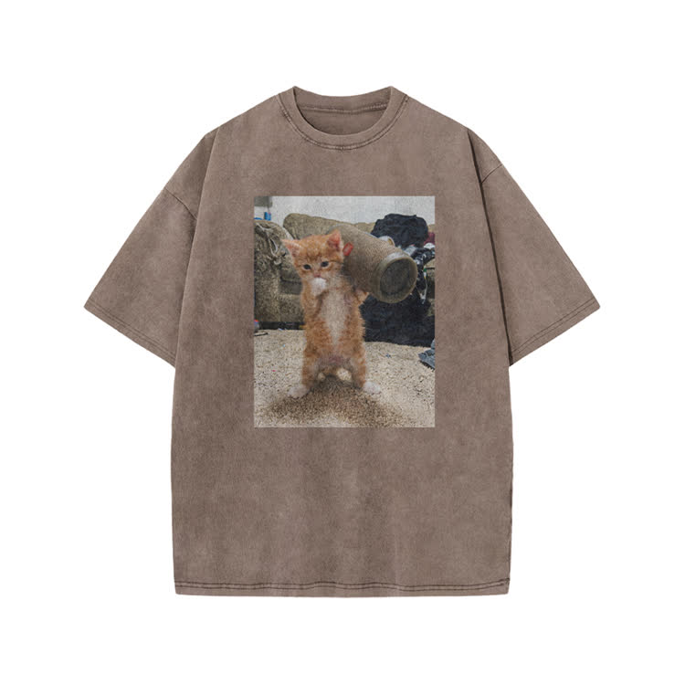 Playful Orange Cat Photo Graphic Print Acid Washed T-Shirt
