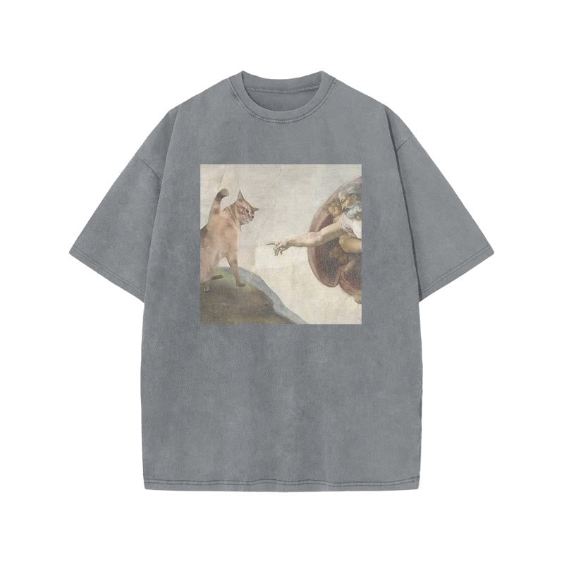 Unisex Oil Painting Cat Print Acid Washed T-shirt