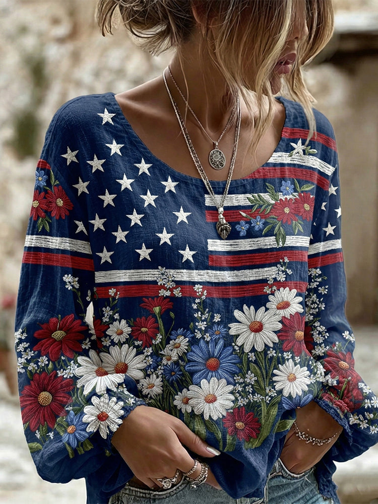 Women's Vintage Independence Day Flag Flower Art Print Linen Blend T-shirt