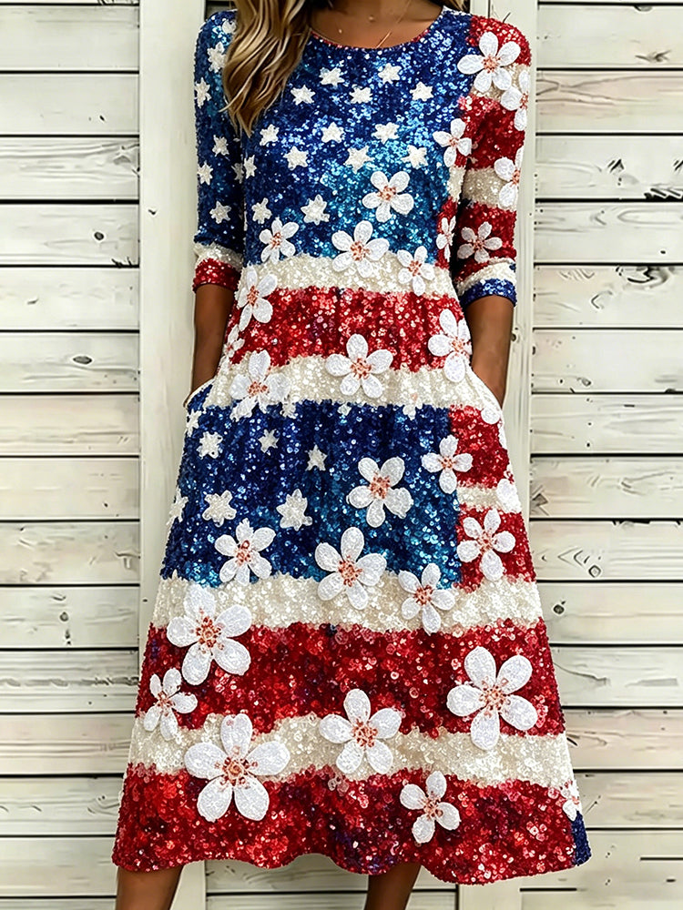 Usa Glitter Flag With Flowers Art Round Neck Flowy Maxi Dress