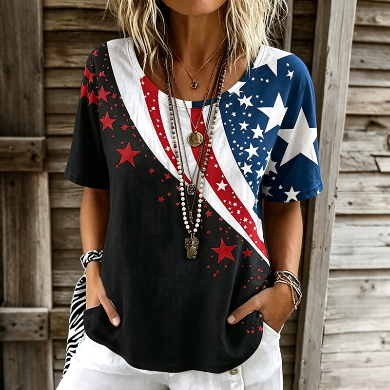 Women's Vintage Floral Flag Patchwork Art Print Tshirt