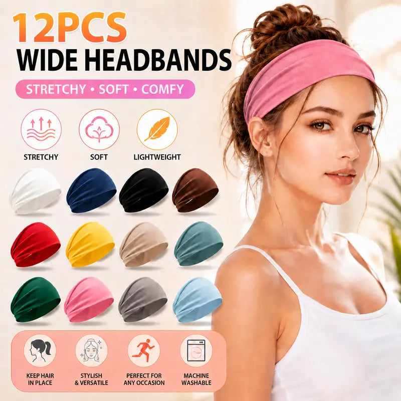 12 Pcs Women's Universal No-Slip Elastic Fashion Headband Set