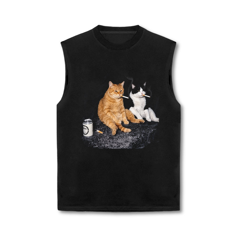 Vintage Smoking Cats Graphic Print Tank Top
