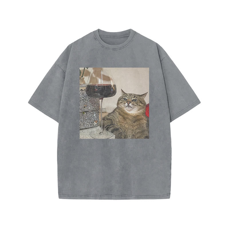 Tabby Cat & Wine Print Acid Washed T-shirt