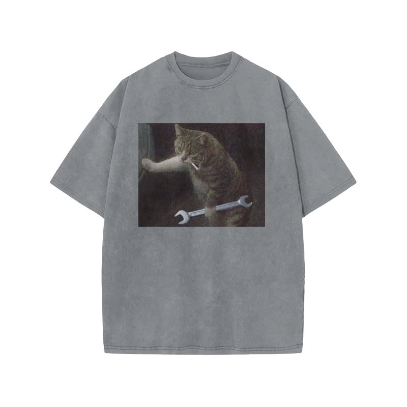 Unisex 100% Cotton Overlord Cat Print Acid Washed T-shirt