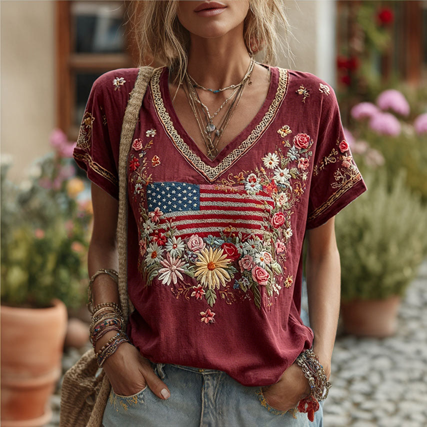 Women's Retro Independence Day Flag Floral Embroidery Cotton Linen T-shirt