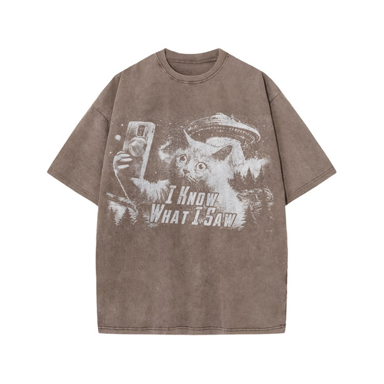 Vintage Sci Fi Novelty Alien Cat Graphic Washed T-Shirt