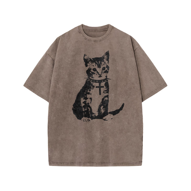 Cat With A Cross Collar Print Acid Washed T-shirt