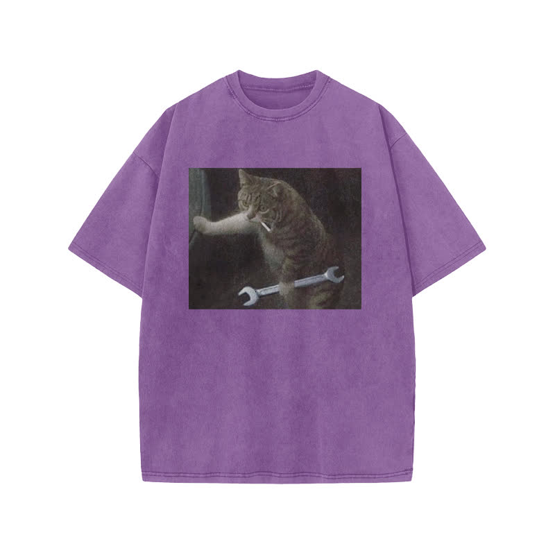 Unisex 100% Cotton Overlord Cat Print Acid Washed T-shirt