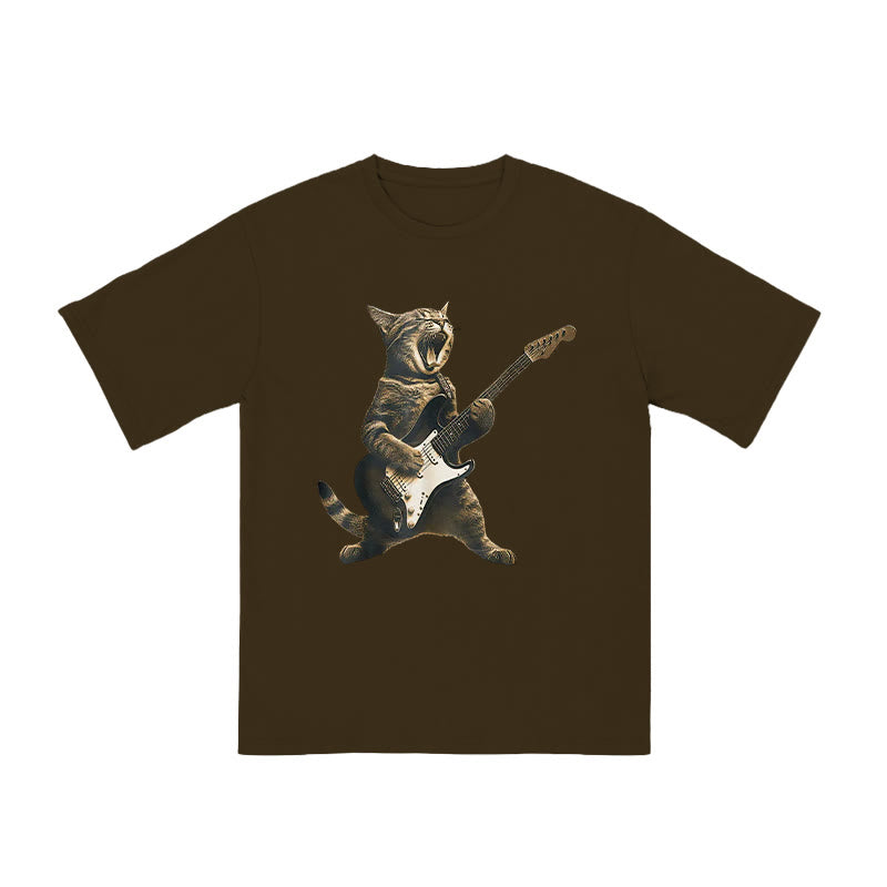 Unisex Rock Cat Playing Guitar Print T-shirt
