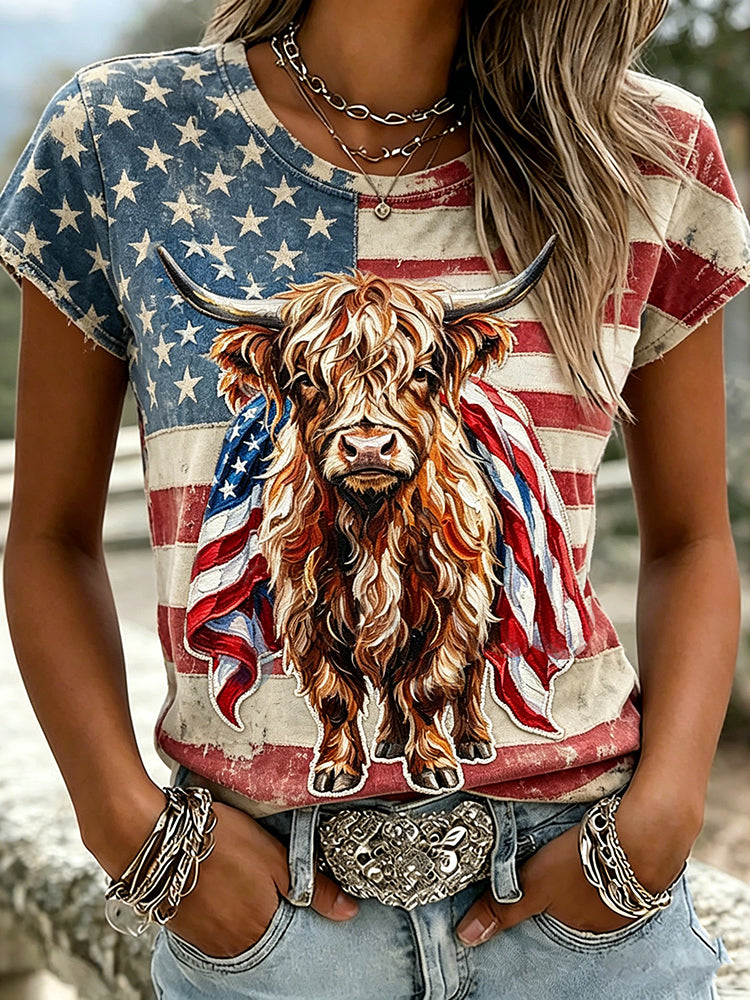 Women's Retro Independence Day Highland Bull Flag Patchwork T-shirt