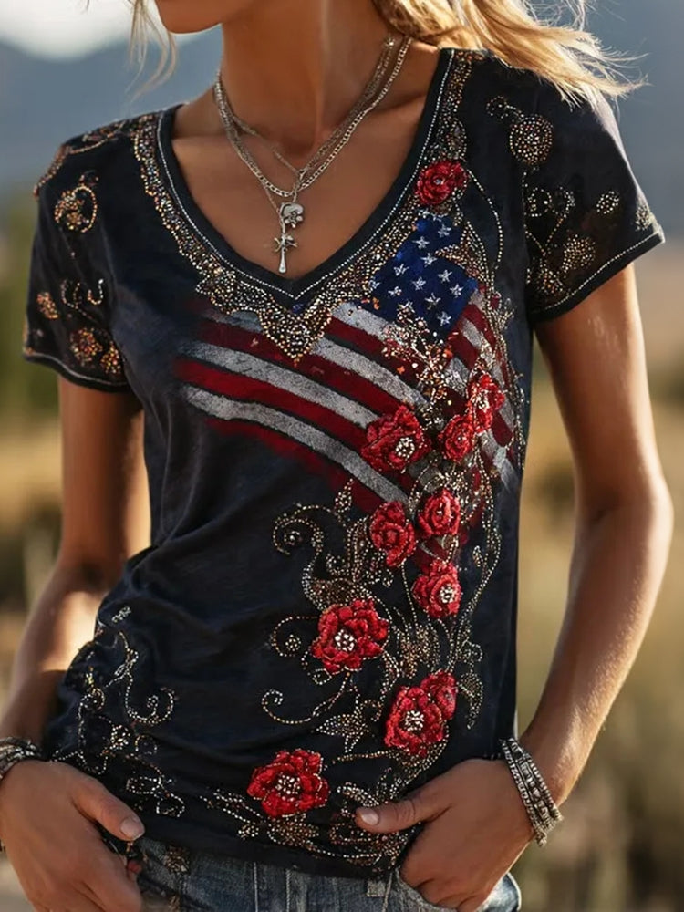 Women's American Flag And Floral Art Sequin Casual V-neck Short Sleeve Top