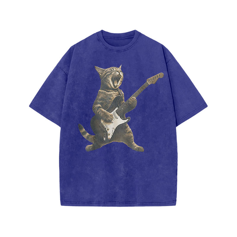 Unisex Rock Cat Playing Guitar Print Acid Washed T-shirt