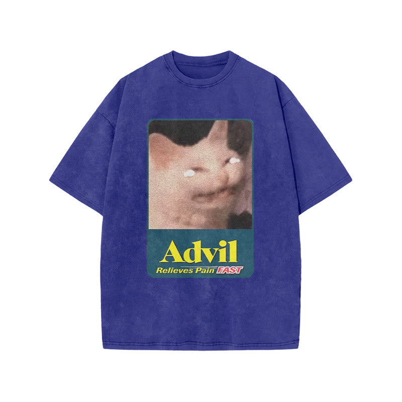 Relieves Pain Fast Crying Cat Funny Print Acid Washed T-shirt