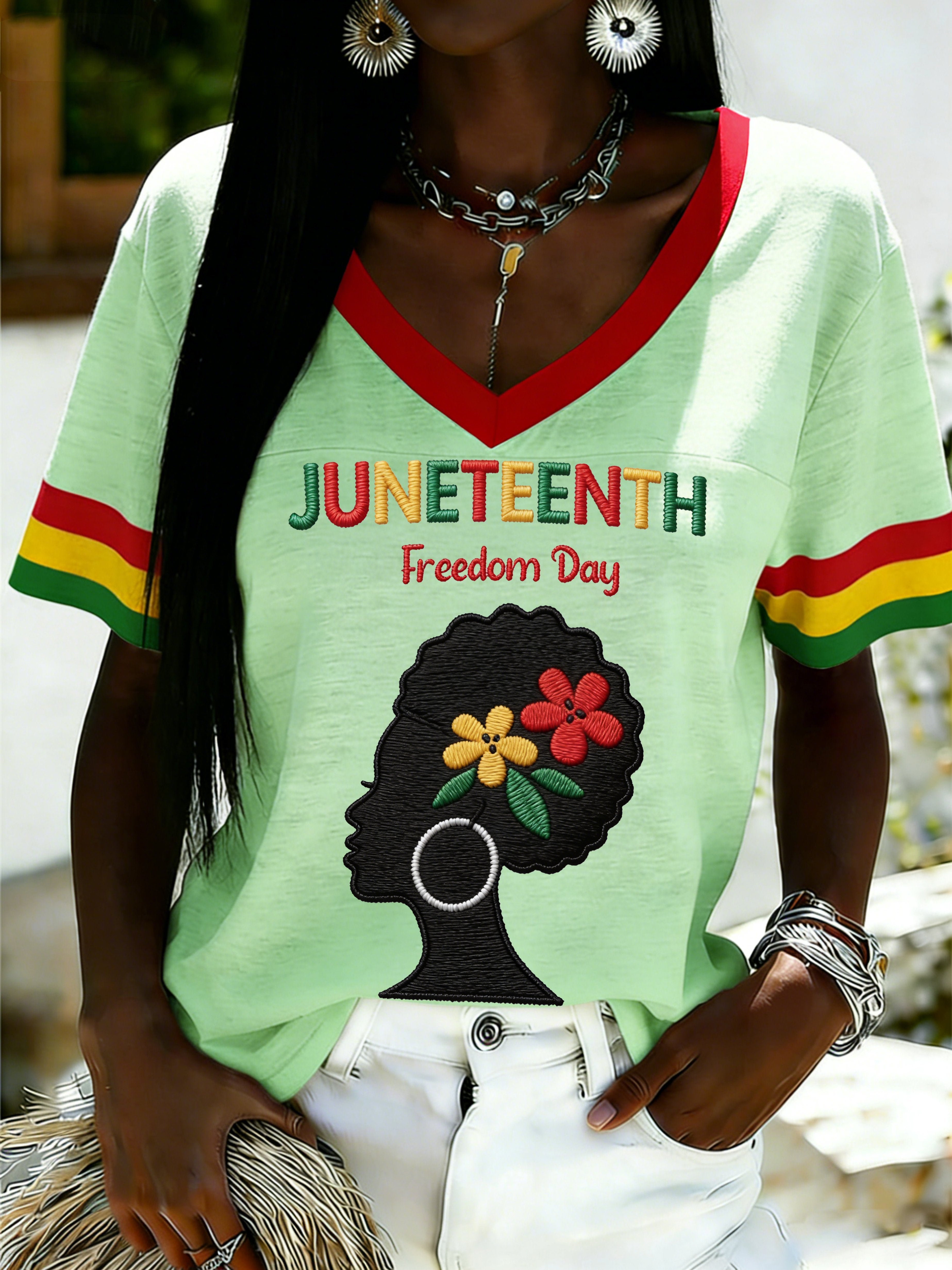African American Women's Juneteenth Print V-Neck Top