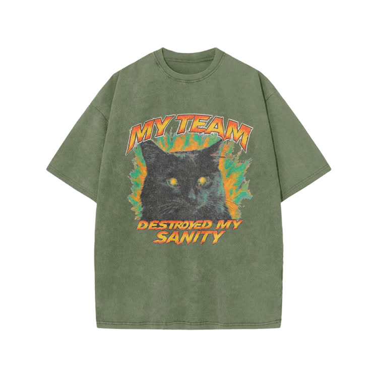 My Team Destroyed My Sanity Black Cat Graphic Print Acid Washed T-shirt