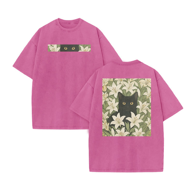 A Black Cat In A Field Of White Lilies Print Acid Washed T-shirt