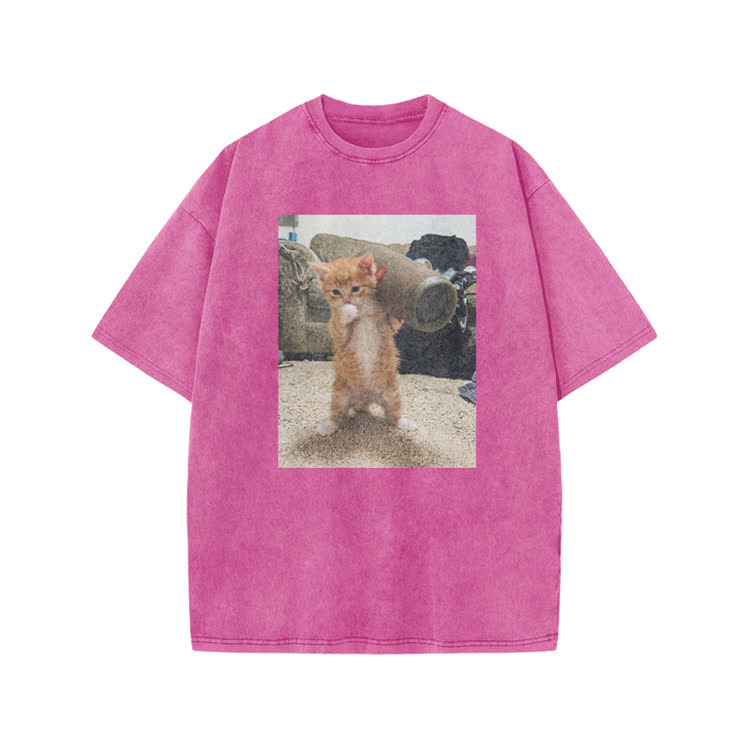 Playful Orange Cat Photo Graphic Print Acid Washed T-Shirt