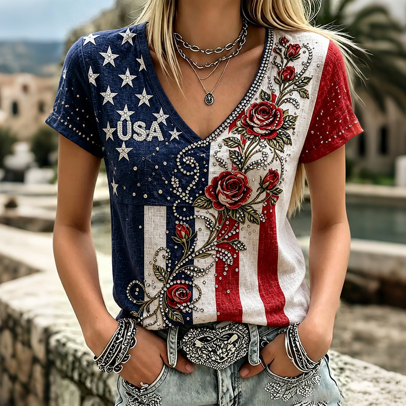 Women's American Flag And Floral Sequin Art Casual V-neck Short Sleeve Top