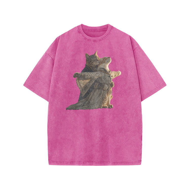 Artful Hugging Cats Print Acid Washed T-shirt