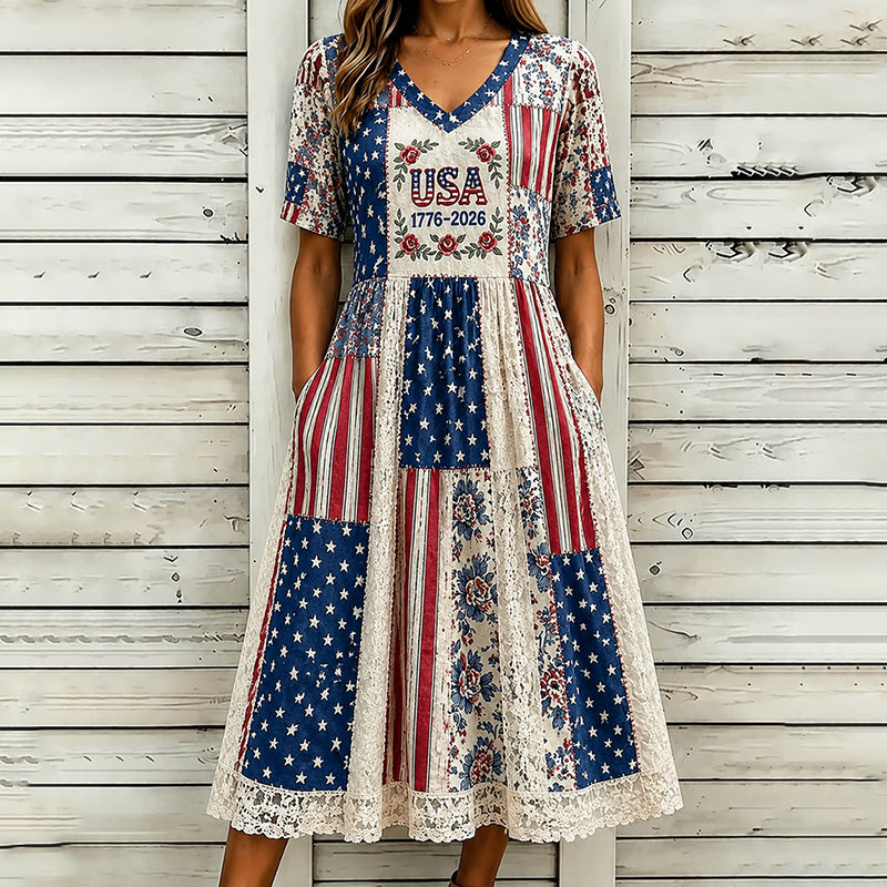 Women's American Floral Contrast Print Patchwork Casual Dress