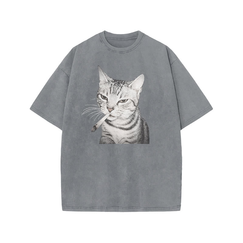 Tabby Cat With A Cigarette In Its Mouth Print Acid Washed T-shirt