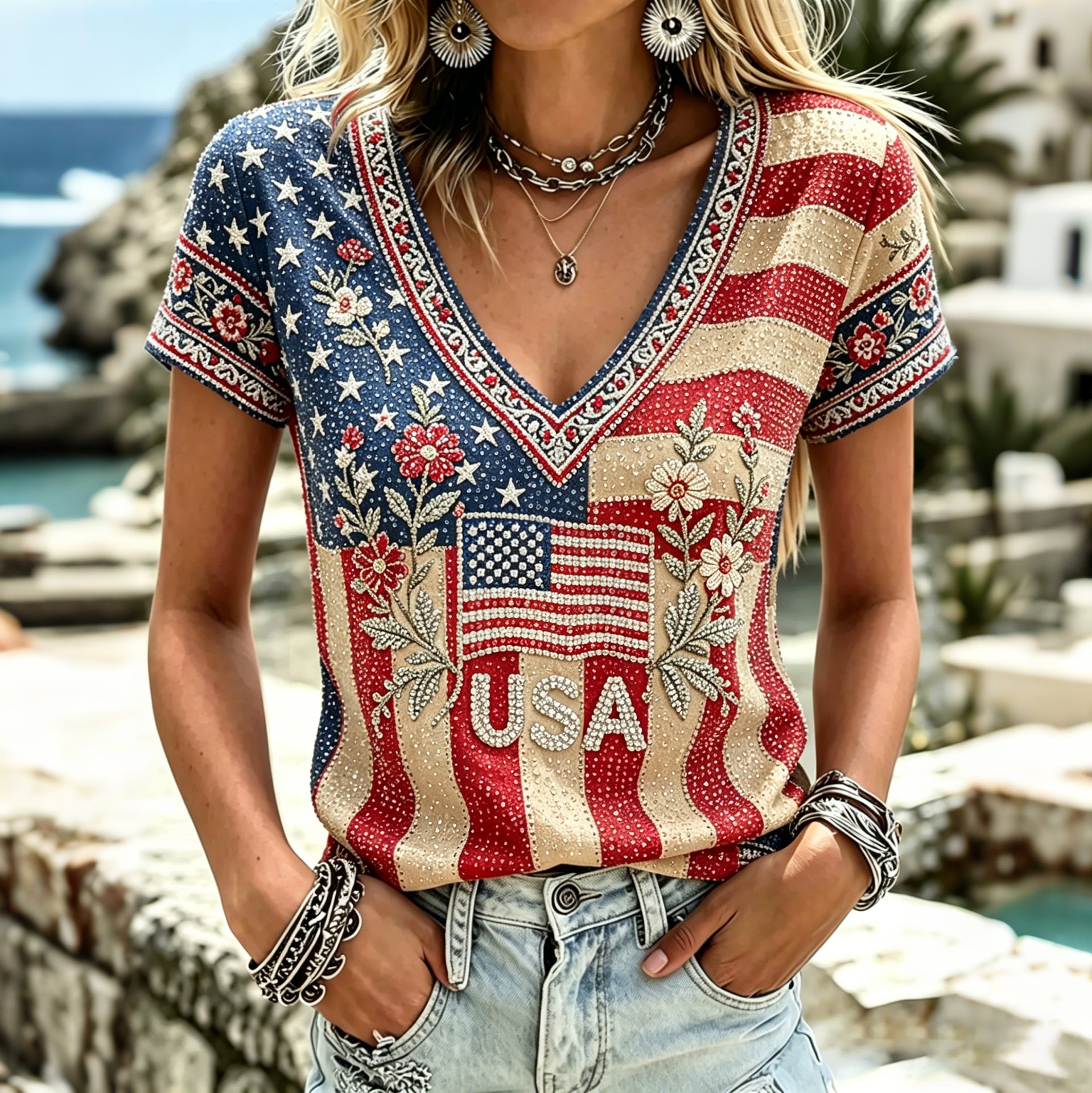 Women's America Hot Drill Floral Art Print Casual T-shirt
