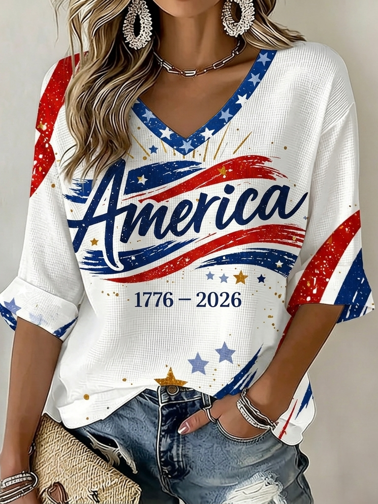 Women's Flag In Patchwork Art Three-quarter Sleeve V Neck Linen Tops