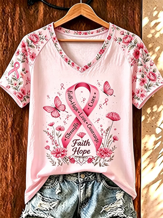Women's Retro Flower Breast Cancer Awareness Printed T-Shirt