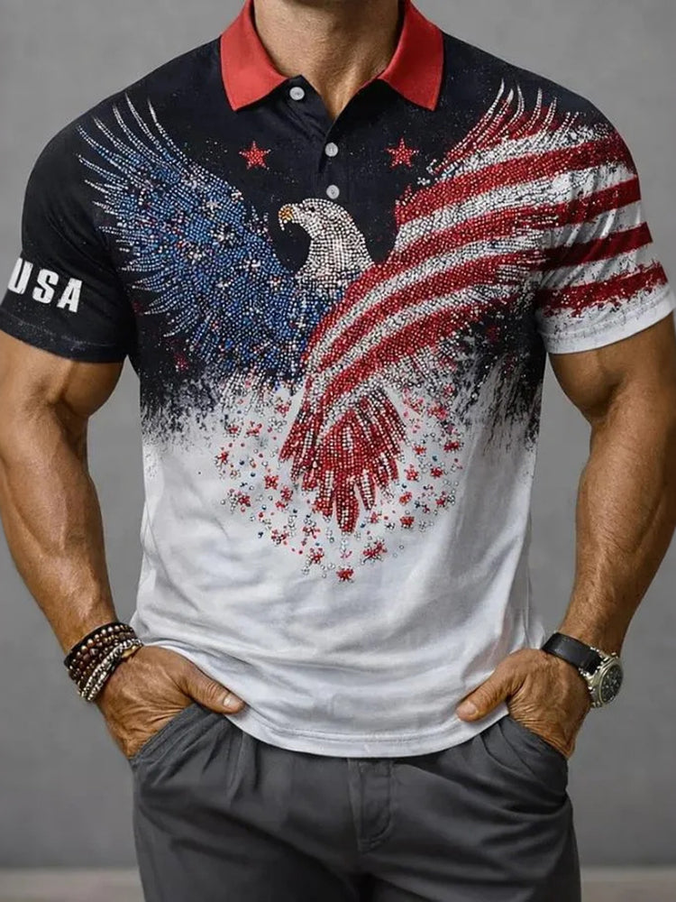 Men's American Eagle Rhinestone Art Print Polo Shirt