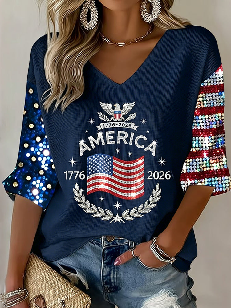 Women's Flag Art Three-quarter Sleeve V Neck Linen Tops