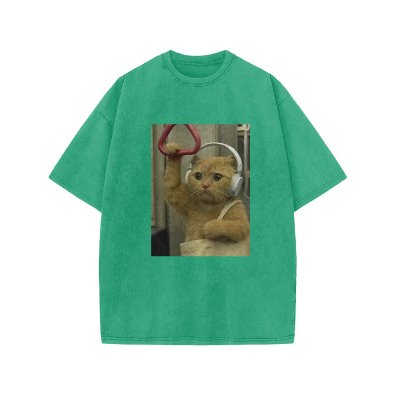 Unisex Cat Riding The Subway Print Acid Washed T-shirt