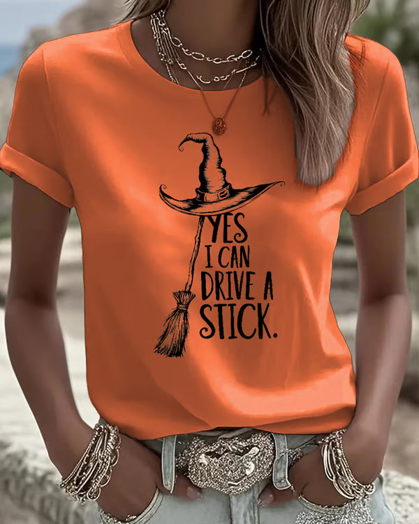 Women's I Can Drive a Stick Print Crew Neck Short Sleeve Tshirt