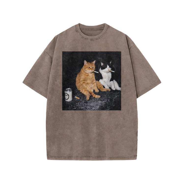 Vintage Smoking Cats Graphic Print Acid Washed T-Shirt