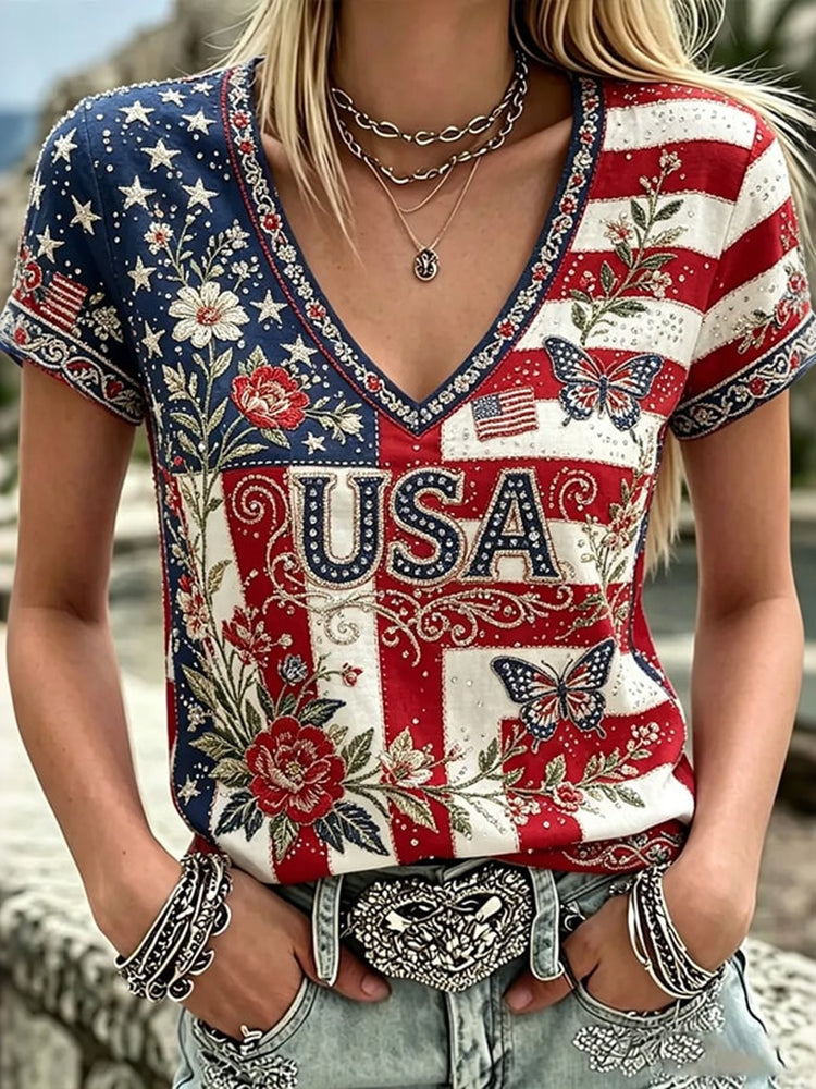 Women's Vintage Anniversary Flag Flower Art Print V Neck Linen Blend T-shirt