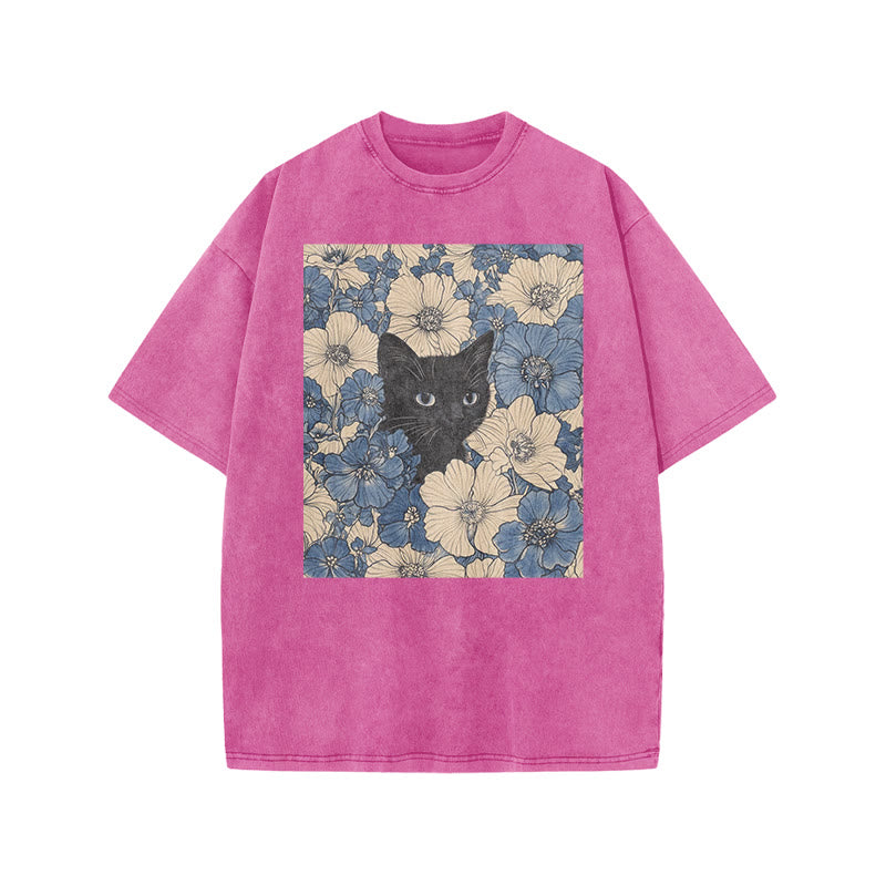 Black Cat In A Patchwork Flower Field Front Print Acid Washed T-shirt