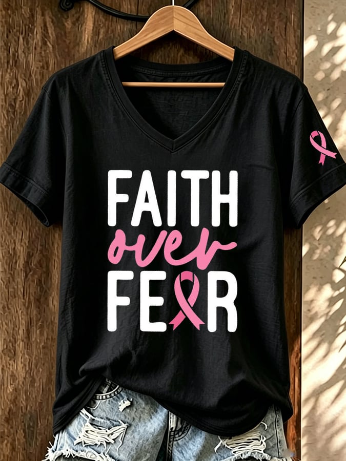 Women's Breast Cancer Awareness Faith Over Fear Graphic Casual T-Shirt