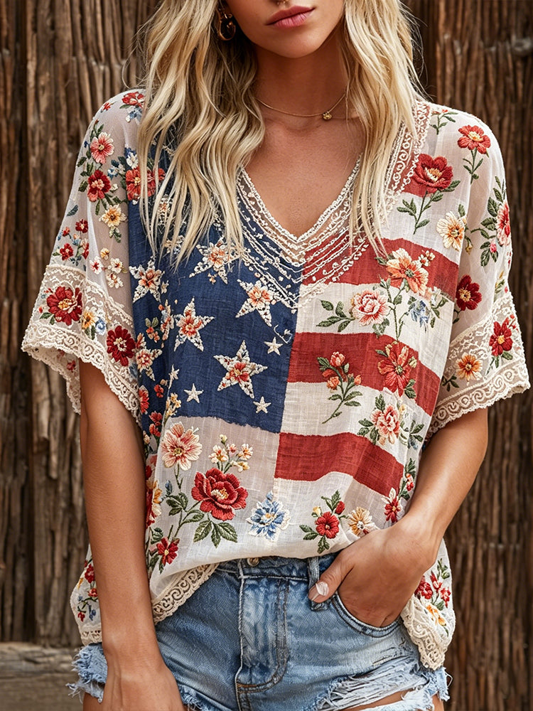 Retro Flag And Rose Embroidery Art V-neck Short Sleeve Top