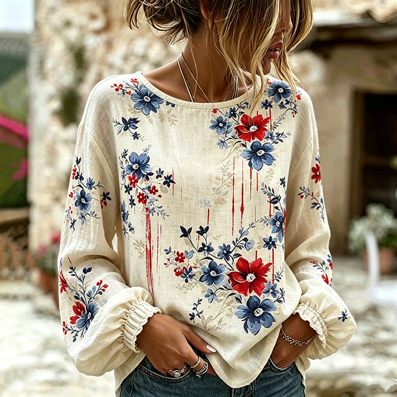 Women's Vintage Floral Art Print Linen Blend T-shirt