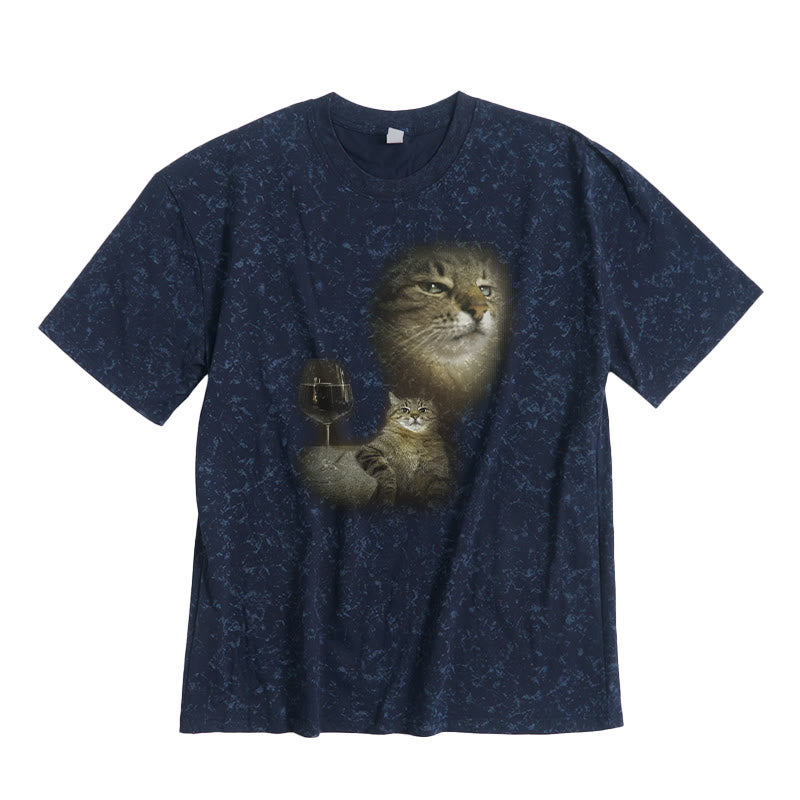 Cat And Wine Print Tie-dye T-shirt