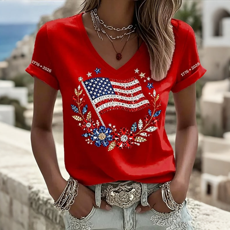 Women's Independence Day Flag Flower Art V-neck Short Sleeve T-shirt