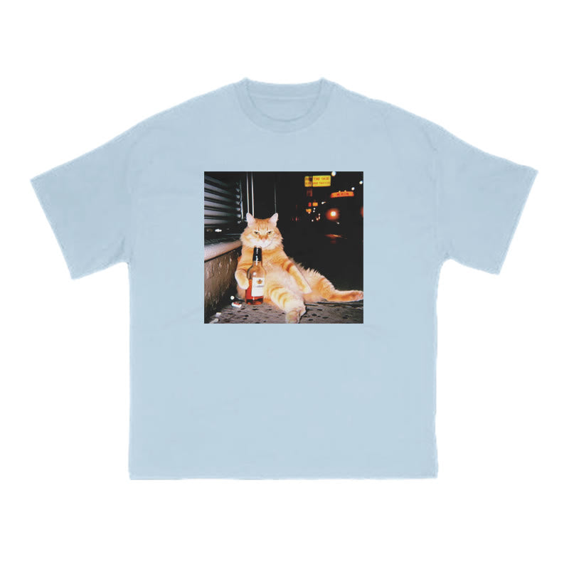 Orange Cat Sipping Beer Print T-shirt
