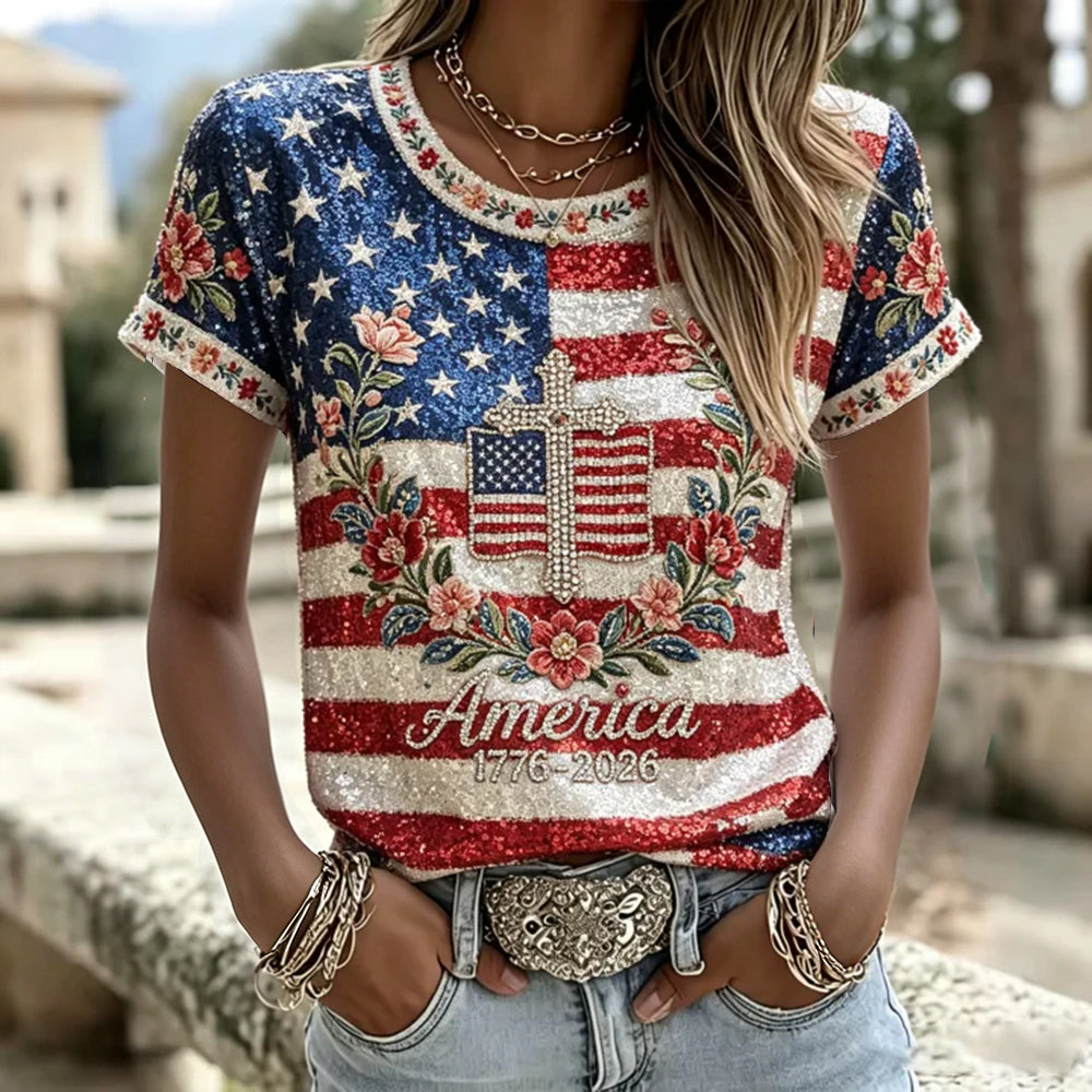 Women's Retro Distressed American Flag And Floral Sequin Art Color Block Cotton Linen Casual Crew Neck Short Sleeve T-shirt