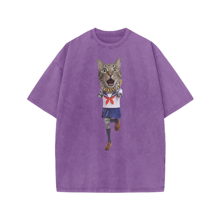 Playful Sailor Cat Graphic Print Acid Washed T-shirt
