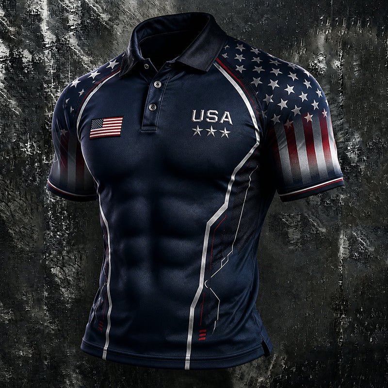 Men's Retro Independence Day Flag With Line Art Short Sleeve Polo Shirt