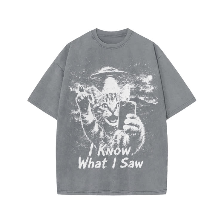 Casual I Know What I Saw Cat UFO Graphic Washed T-Shirt