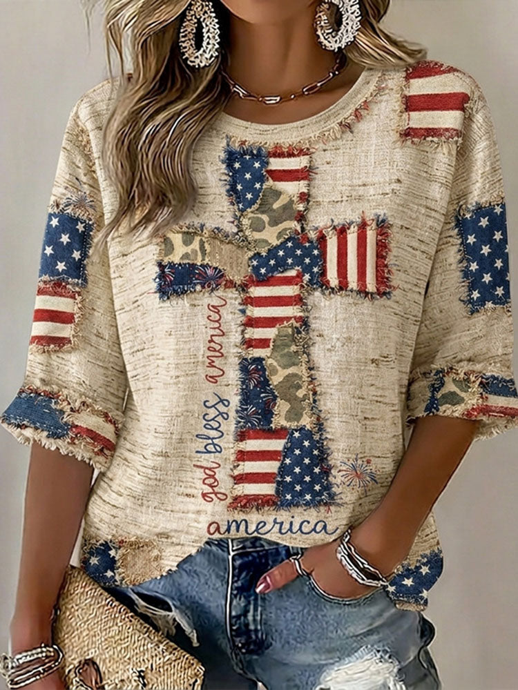 Women's  Flag In Faith Art Three-quarter Sleeve V Neck Linen Tops