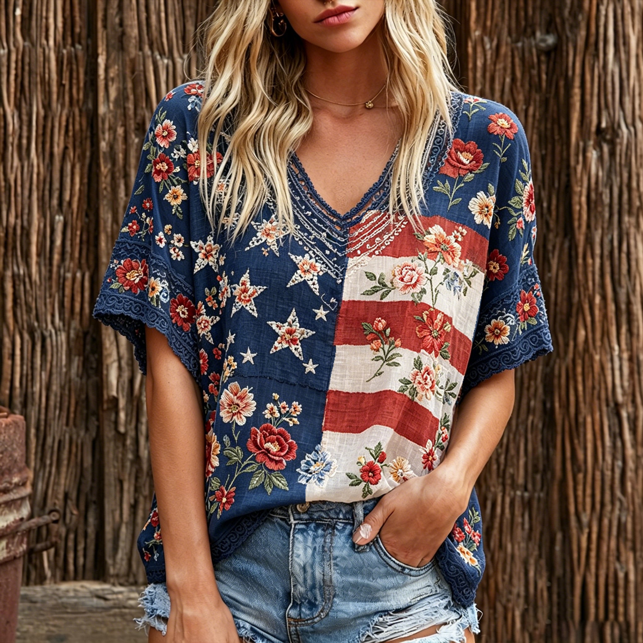 Retro Flag And Rose Embroidery Art V-neck Short Sleeve Top