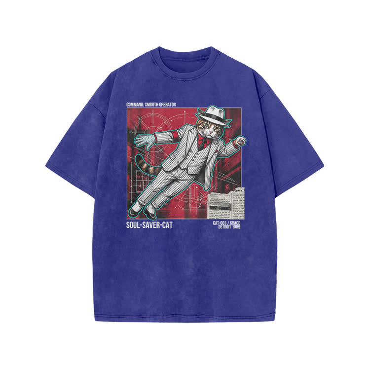 Vintage Soul Saver Cat Graphic Print Acid Washed T-shirt