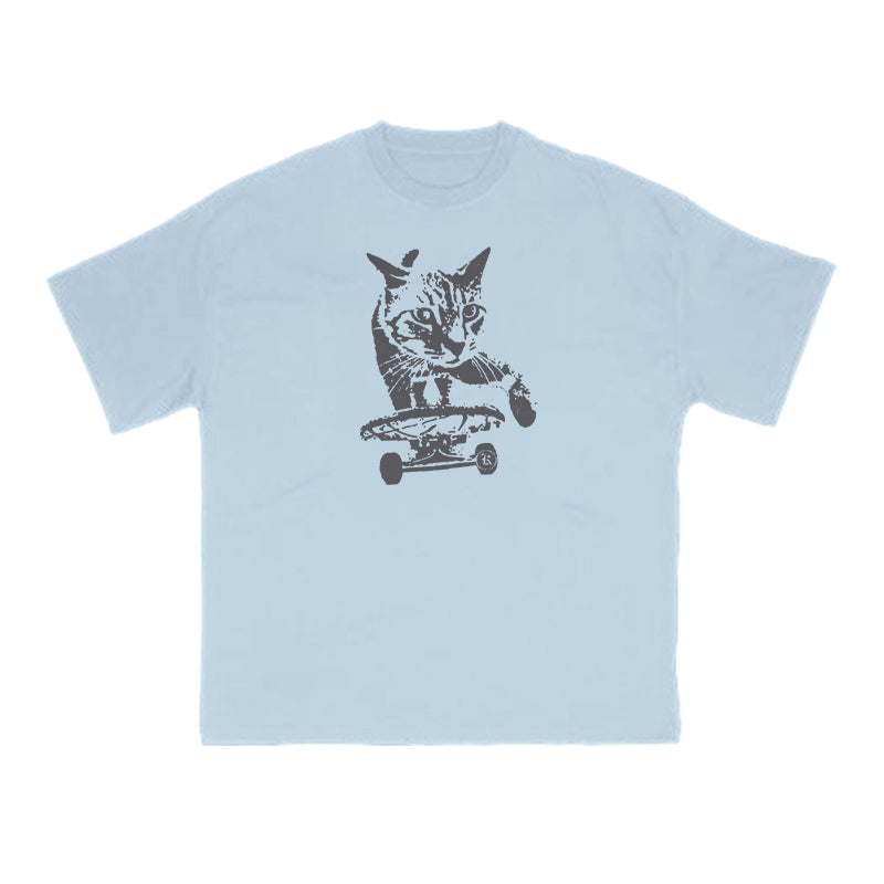 A Tabby Cat Skateboarding Print T-shirt
